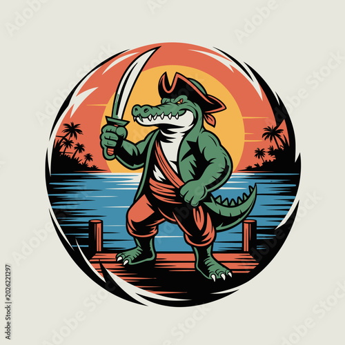 Obraz na plátne Pirate Cartoon Crocodile Wearing Hat.