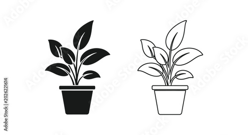Plant icons, black and white potted plants, leafy houseplants, vector illustrations