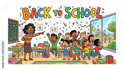 Φωτογραφία Excitement Overflows: A cheerful teacher guides an eager class as they return to school, with confetti raining down on excited students celebrating the start of a new academic year in a vibrant