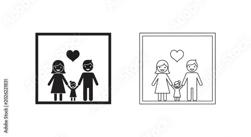 Family, love, couple, and child icons, black line art, vector illustrations