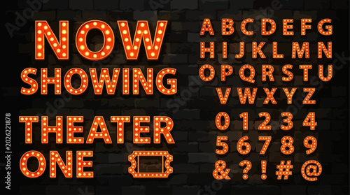 Illuminated Marquee Letters and Numbers Set for a Vintage Cinema or Theater Entrance, Creating a Welcoming and Classic Ambiance