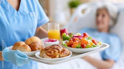 Nurse brings healthy meal tray to patient in hospital bed for recovery and nourishment