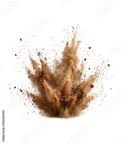 Dynamic brown dirt explosion captured mid-air with flying dust, soil clumps, rock fragments and debris against a transparent background