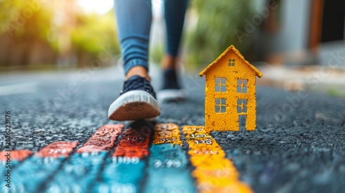 Path to Home: Vibrant Street Chalk Art and Walking Person Captured in Urban Setting