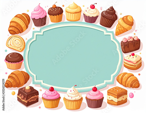 Assorted Sweet Pastries and Cupcakes Border Around Empty Frame Illustration