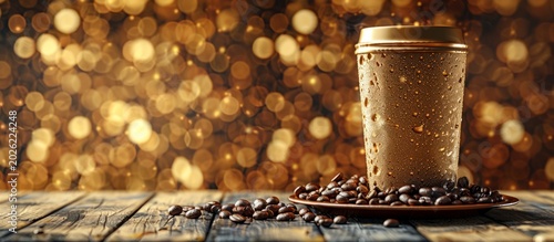 Hot Beverage Cup with Coffee Beans on Wooden Table and Glimmering Background