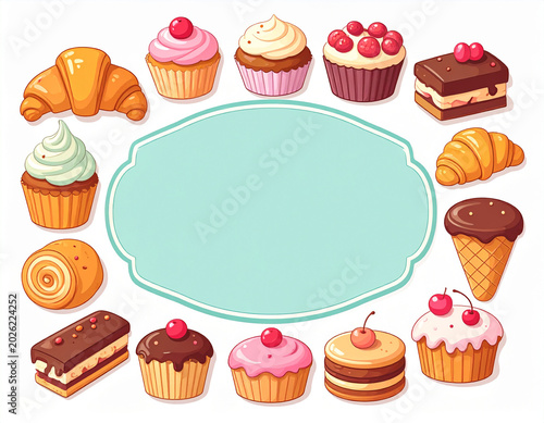 Sweet Bakery Desserts Frame Set - Vector Illustration of Cupcakes, Croissants, and Pastries around a Blank Label