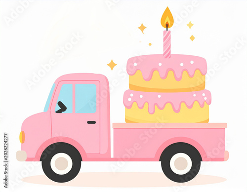 Cute Pink Delivery Truck Carrying a Large Two-Tiered Birthday Cake with a Lit Candle Illustration