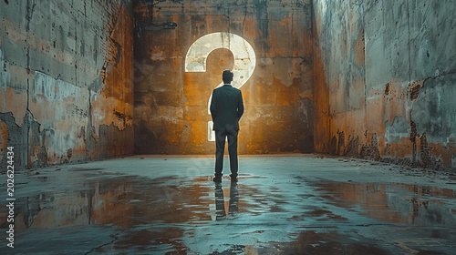 Man Facing a Question Mark in a Desolate Building