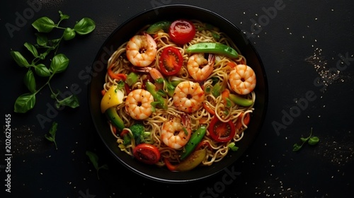 Stir fry noodles with vegetables and shrimps in black bowl Stir Fry Noodles with Shrimp