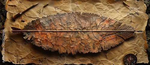 Ancient Arrow and Leaf on Crumpled Parchment