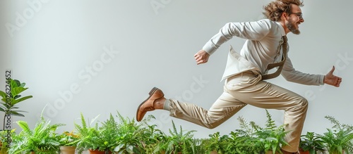 Man in a White Shirt Jumping Over Plants