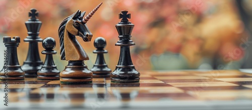 A detailed view of black chess pieces, focusing on the knight with a unicorn design, on a wooden chessboard.
