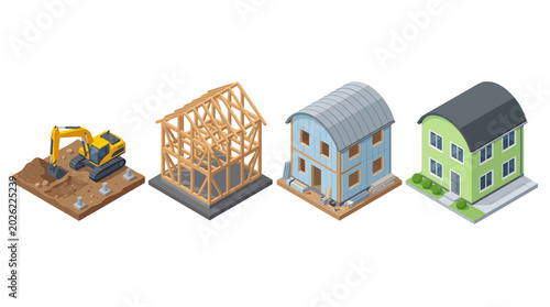Isometric House Construction Process: Four Stages from Groundwork and Wooden Framing to Finished Residential Home