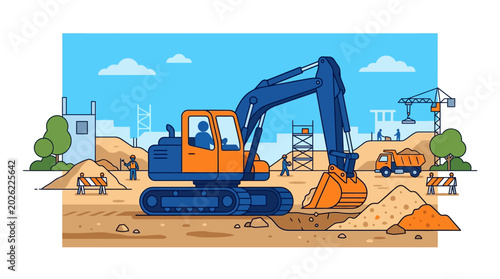 Flat Vector Illustration of an Active Construction Site with an Excavator, Dump Truck, and Workers