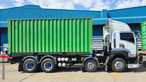 Heavy-duty container truck for logistics and freight transportation, Truck car park at the factory for loading goods