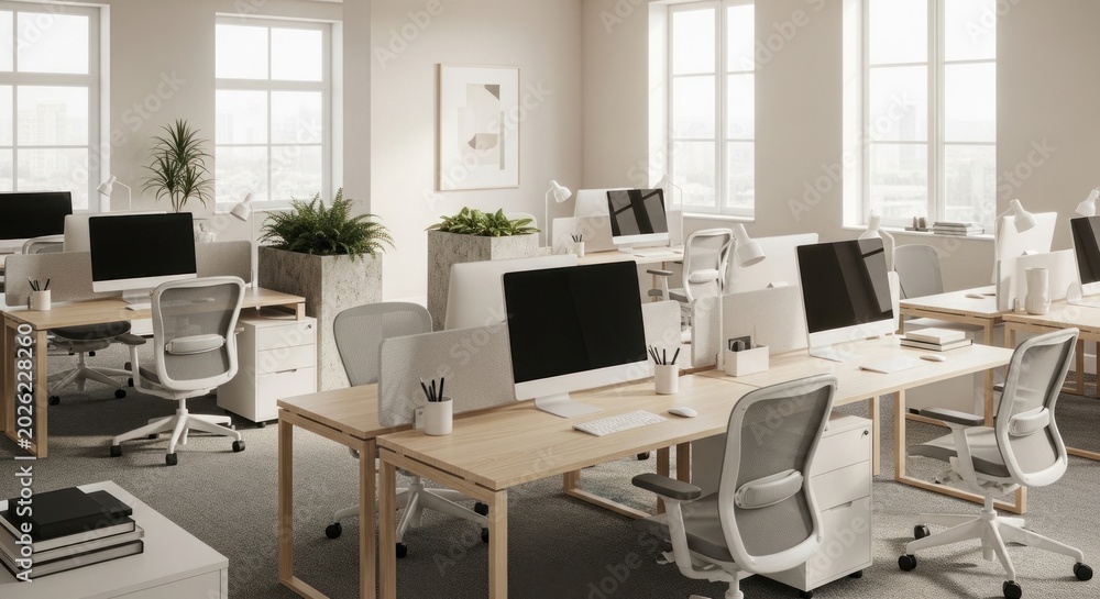 Fototapeta premium Modern office space with desks and computers, nobody, interior design