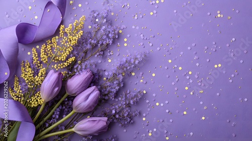 lilac ribbon, fresh purple tulips and branches of mimosa Greeting for International Women's Day concept, confetti on purple background with copyspace,top view
