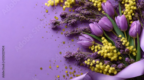 lilac ribbon, fresh purple tulips and branches of mimosa Greeting for International Women's Day concept, confetti on purple background with copyspace,top view