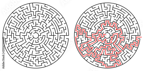Photography Round Maze Puzzle with Red Solution Path