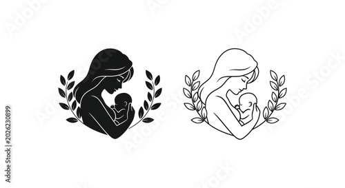 Mother holding baby with laurel wreath