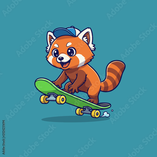 Cute Red Panda Skater Cartoon Illustration.