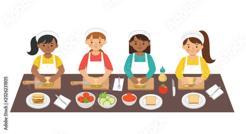 Konstfotografi Four diverse children wearing aprons and hairnets enjoy a cooking class, preparing fresh sandwiches with various ingredients at a long wooden table