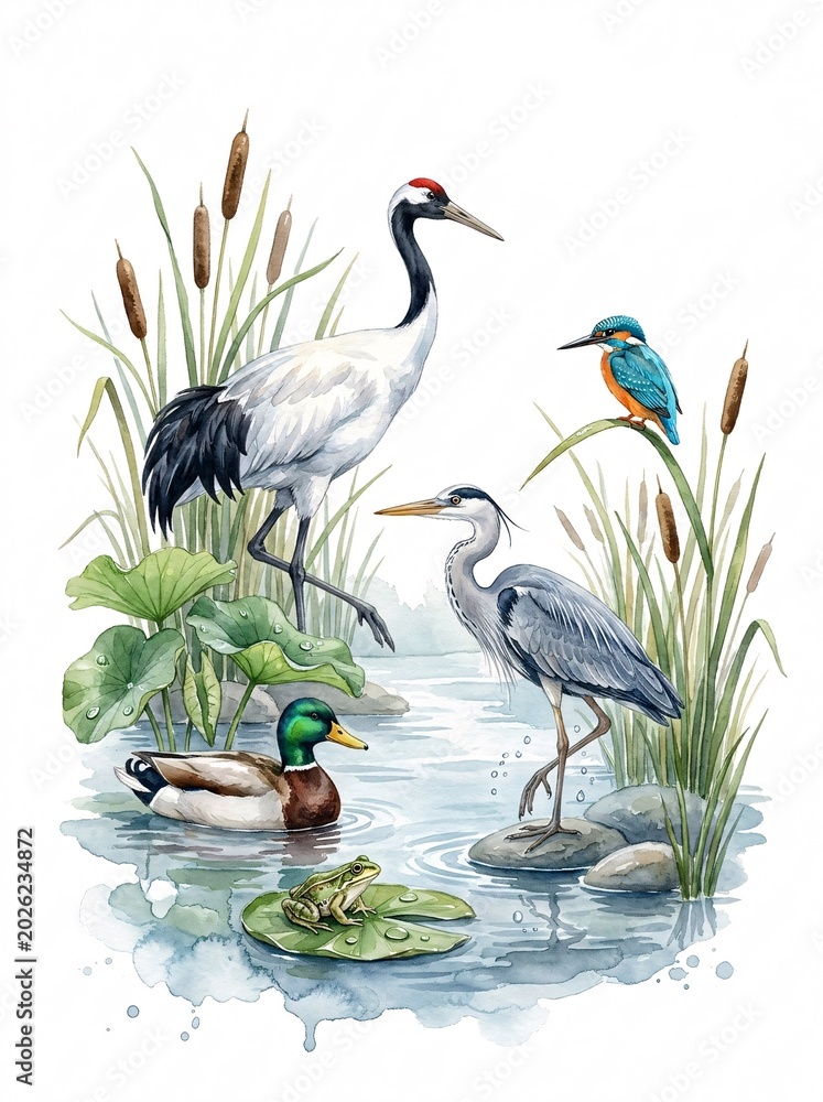 Naklejka premium Wetland aquatic birds watercolor illustration featuring a crane, heron, mallard duck, kingfisher, and frog in a pond with lily pads.