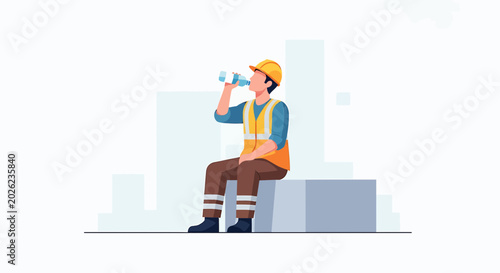 Construction worker taking a break, drinking water from a bottle, wearing safety vest and hard hat.