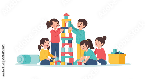 Konstfotografi Five happy children are collaboratively building a tall tower with colorful blocks in a playroom setting, showcasing teamwork and creative play