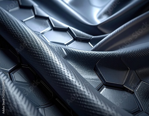 dark abstract flowing metallic surface with geometric hexagonal pattern, futuristic industrial texture, sleek automotive design, tech background