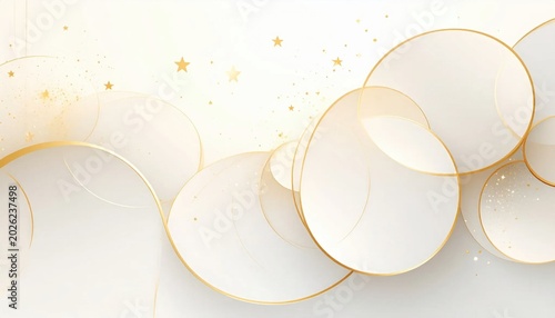 Elegant background with overlapping white circles and delicate golden line accents, sparkling glitter particles, luxury texture for holiday invitations