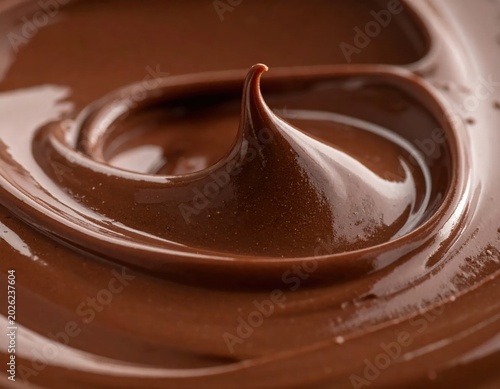 Close up view of smooth swirls of melted liquid chocolate texture with a decorative peak in a rich dark cocoa brown colour