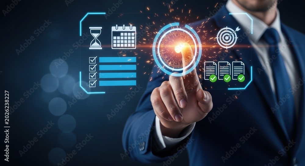 Naklejka premium Business professional interacting with digital interface for productivity and strategy tools