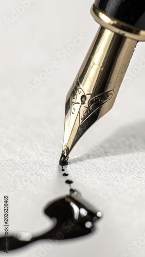 Closeup of gold fountain pen nib writing on textured paper creating black ink droplets, elegance, calligraphy, storytelling, contract signing