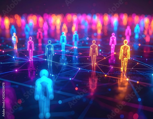 Neon human figures on network grid, glowing social connection concept, digital technology, communication, data network