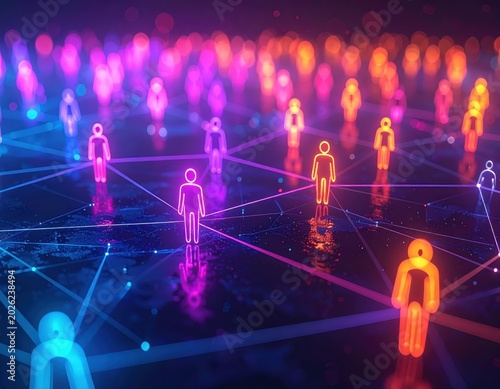 Neon human network icons on dark grid, glowing connected figures in blue pink orange, social connection, digital communication, business technology