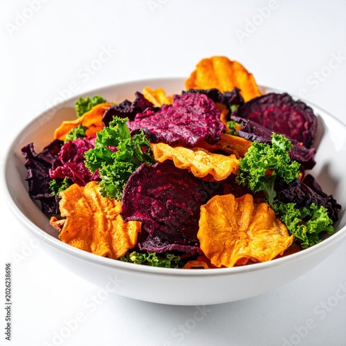 Bowl of colorful crispy vegetable chips with purple beet and orange sweet potato slices mixed with fresh kale
