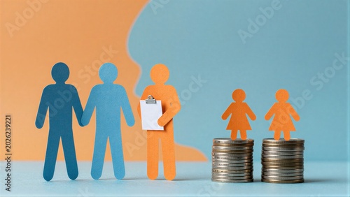 Paper cutouts show family vs. financial disparity with stacked coins