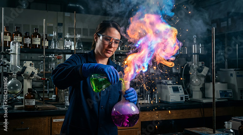 Female scientist conducting experiment with colorful smoke and fire in laboratory setting with various equipment and glassware
