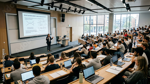 A large classroom with students and a teacher, engaged in a physics lesson on quantum mechanics