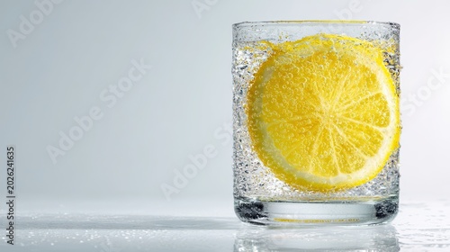 Fresh lemon slice submerged in a clear glass of sparkling water with bubbles rising to the surface. Visible water line and gentle ripples. Strong studio light on pure white background