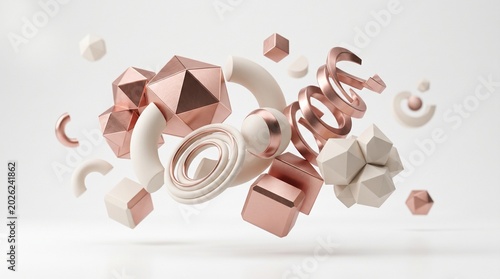 Abstract composition of geometric shapes in rose gold and cream colors