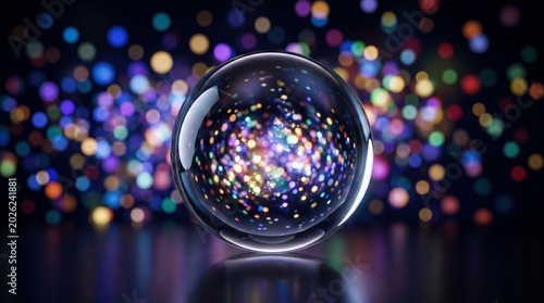 Crystal ball reflecting colorful bokeh lights on a dark background