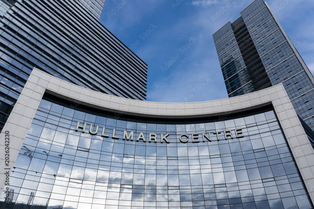 Naklejka premium Toronto, Ontario, Canada - May 6, 2026: Hullmark Centre at Yonge Street and Sheppard Avenue in North York, Toronto, Canada. The Hullmark Centre is a prominent mixed use development. 