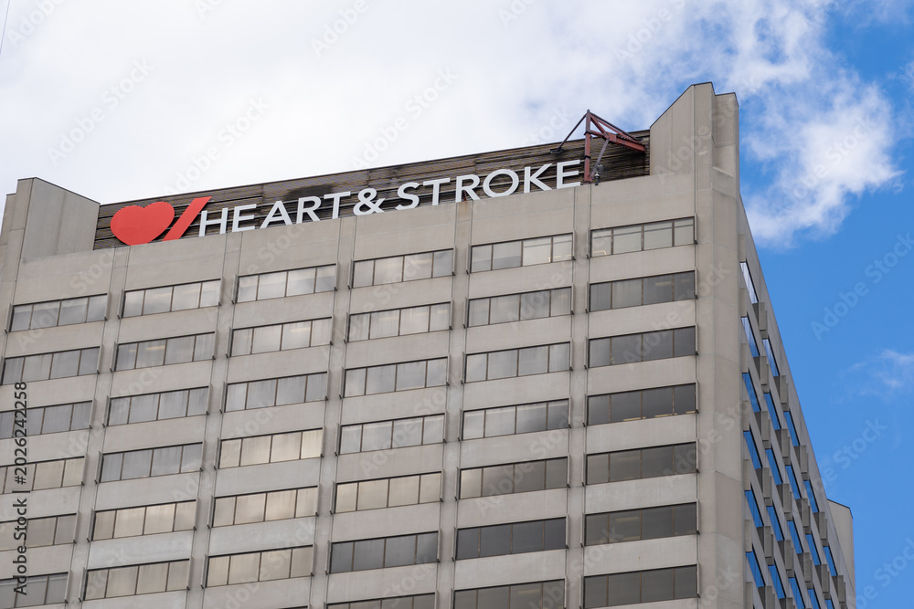 Naklejka premium Toronto, Ontario, Canada - May 11, 2026: Heart and Stroke Foundation building on Yonge St in Toronto, Ontario, Canada. The Heart and Stroke Foundation of Canada is a Non Profit organization