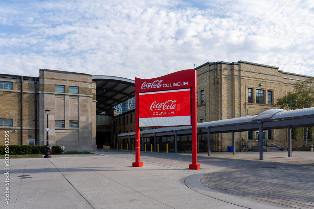 Naklejka premium Toronto, Ontario, Canada - May 18, 2026: Coca-Cola Coliseum located at Exhibition Place in Toronto, Ontario, Canada. The arena is primarily used for hockey, serving as the home of the AHL's Toronto Ma