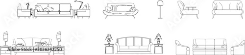 Technical vector set of various sofas, armchairs, and living room seating furniture, featuring architectural front elevation layout symbols.