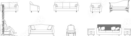 Obraz na płótnie Collection of living room and bedroom furniture symbols featuring various sofa styles, armchairs, a chaise lounge, and side tables