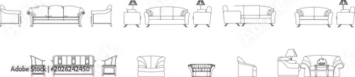 Technical vector set of living room seating furniture including sofas and armchairs, featuring architectural front elevation layout symbols.